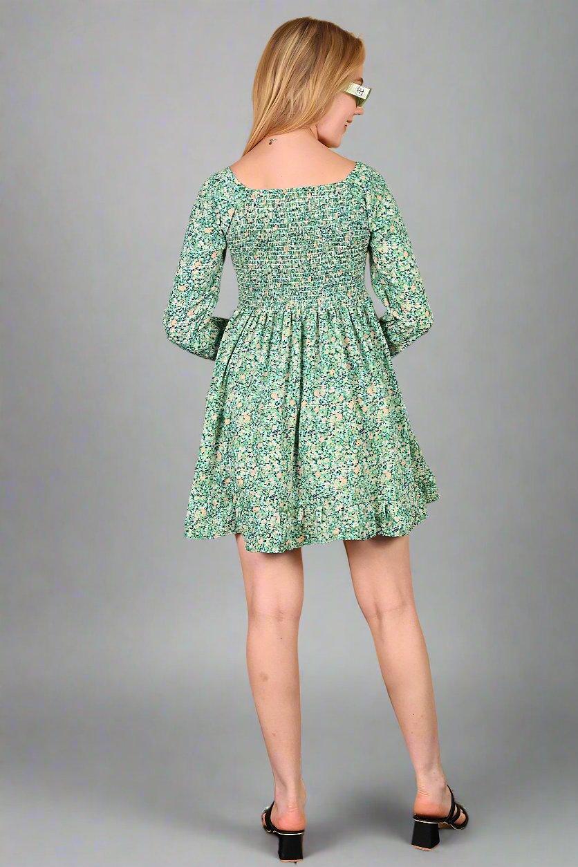 Green Flower Printed Short Dress - Image 2