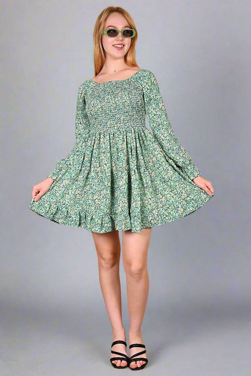 Green Flower Printed Short Dress