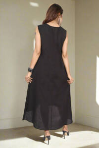 Sleeveless and Crew Neck Double Pocket One Piece Cotton Dress - Image 4