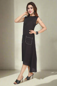 Sleeveless and Crew Neck Double Pocket One Piece Cotton Dress - Image 3