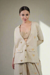 Women long sleeve front button honey bee embroidery blazer