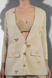 Women long sleeve front button honey bee embroidery blazer - Image 3