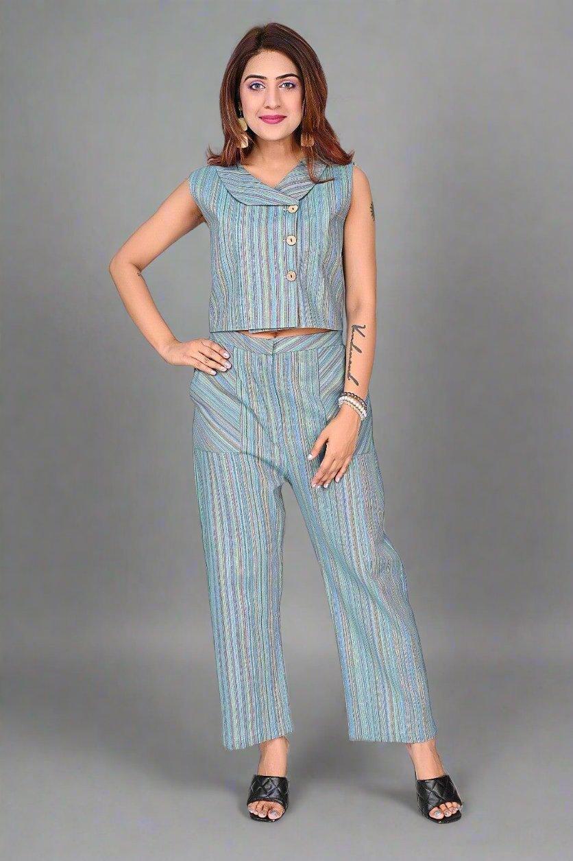 Beige Mirror Embroidered Stripe Co-ord Set