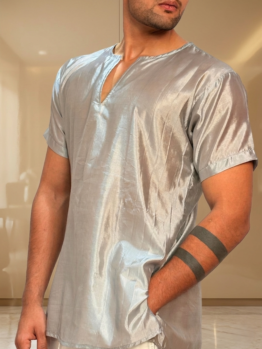 Men Slik Grey Colour Kurta - Image 3
