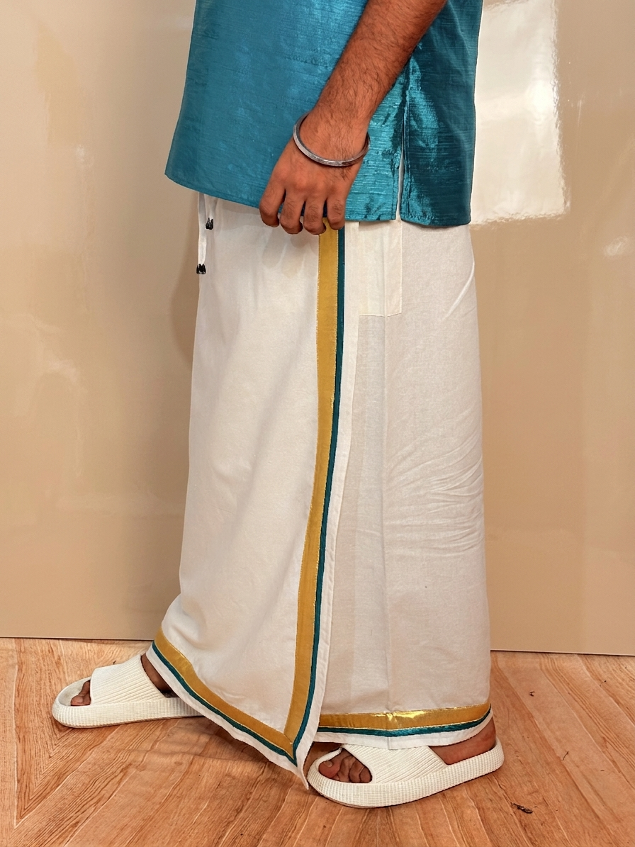 Men White Color With GoldenZari & Ramagreen Stripe Pajamalungi - Image 6