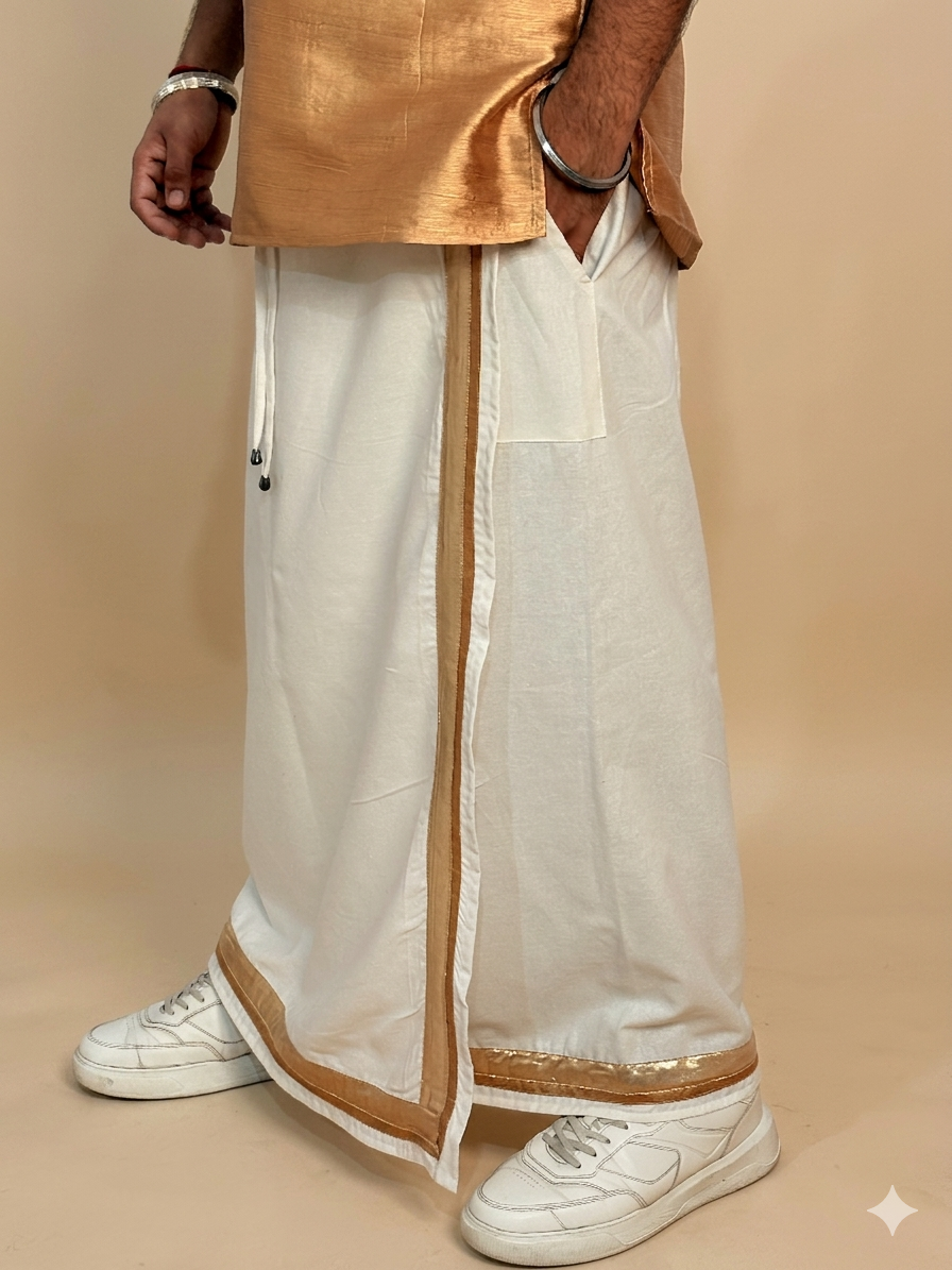 Men White Color With Copper Zari & Beige Stripe Pajamalungi - Image 2