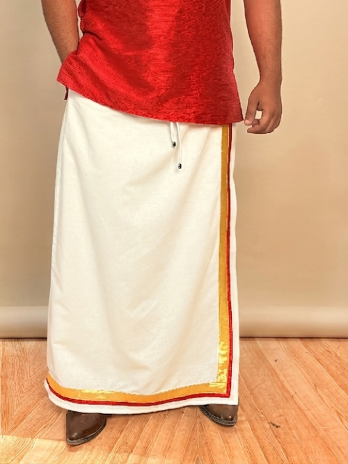 Men White Color With Golden Zari & Red Stripe Pajamalungi