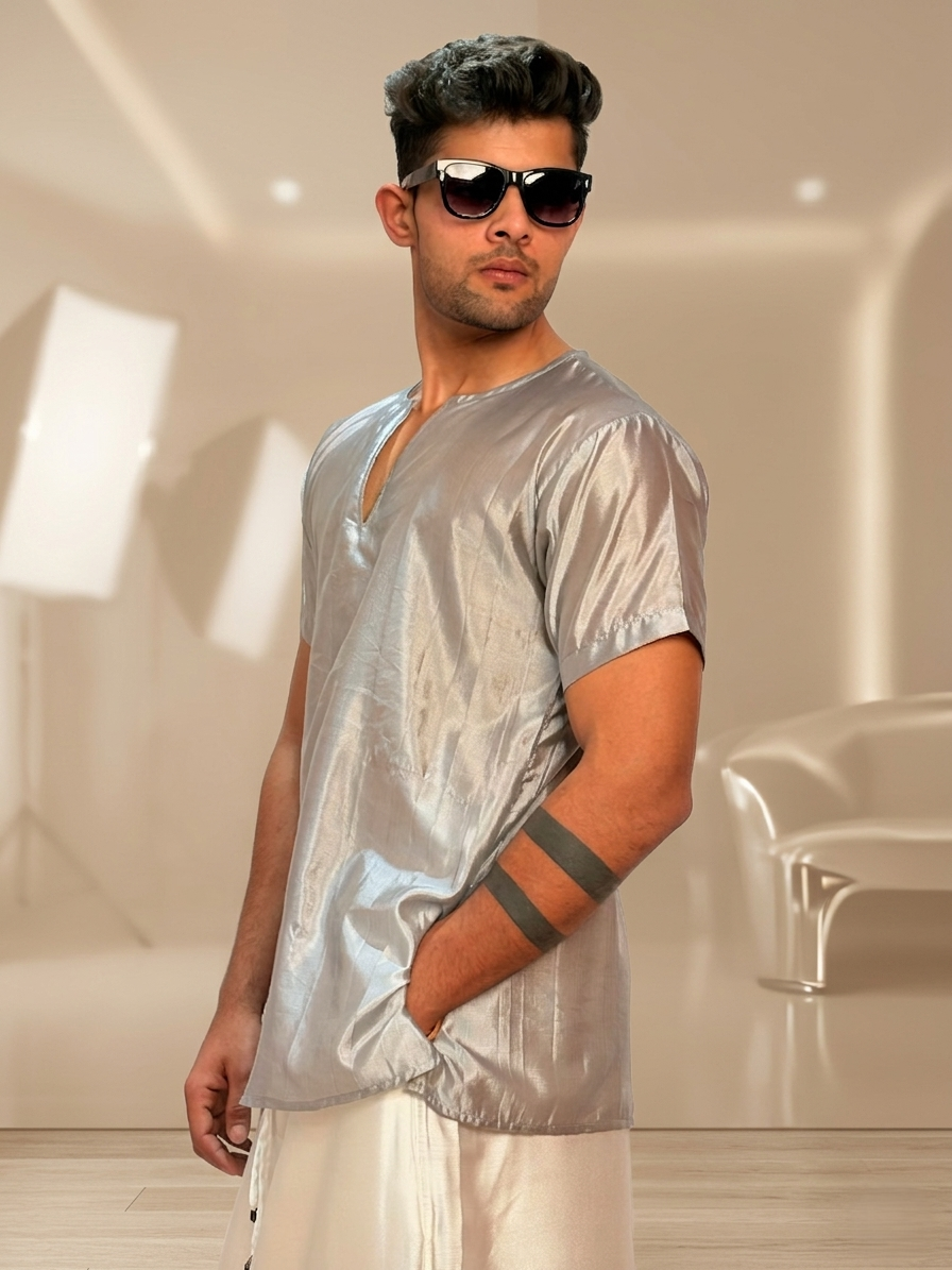 Men Slik Grey Colour Kurta - Image 4