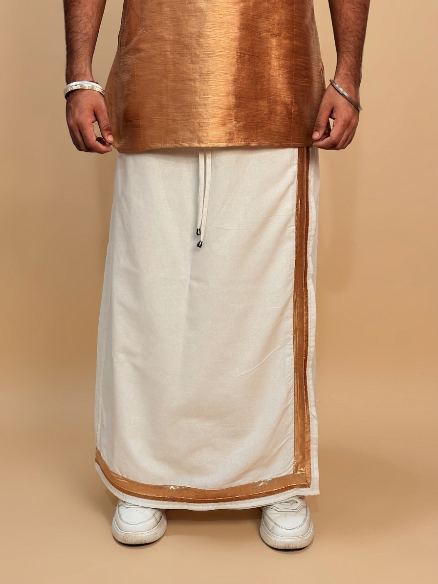 Men White Color With Copper Zari & Beige Stripe Pajamalungi