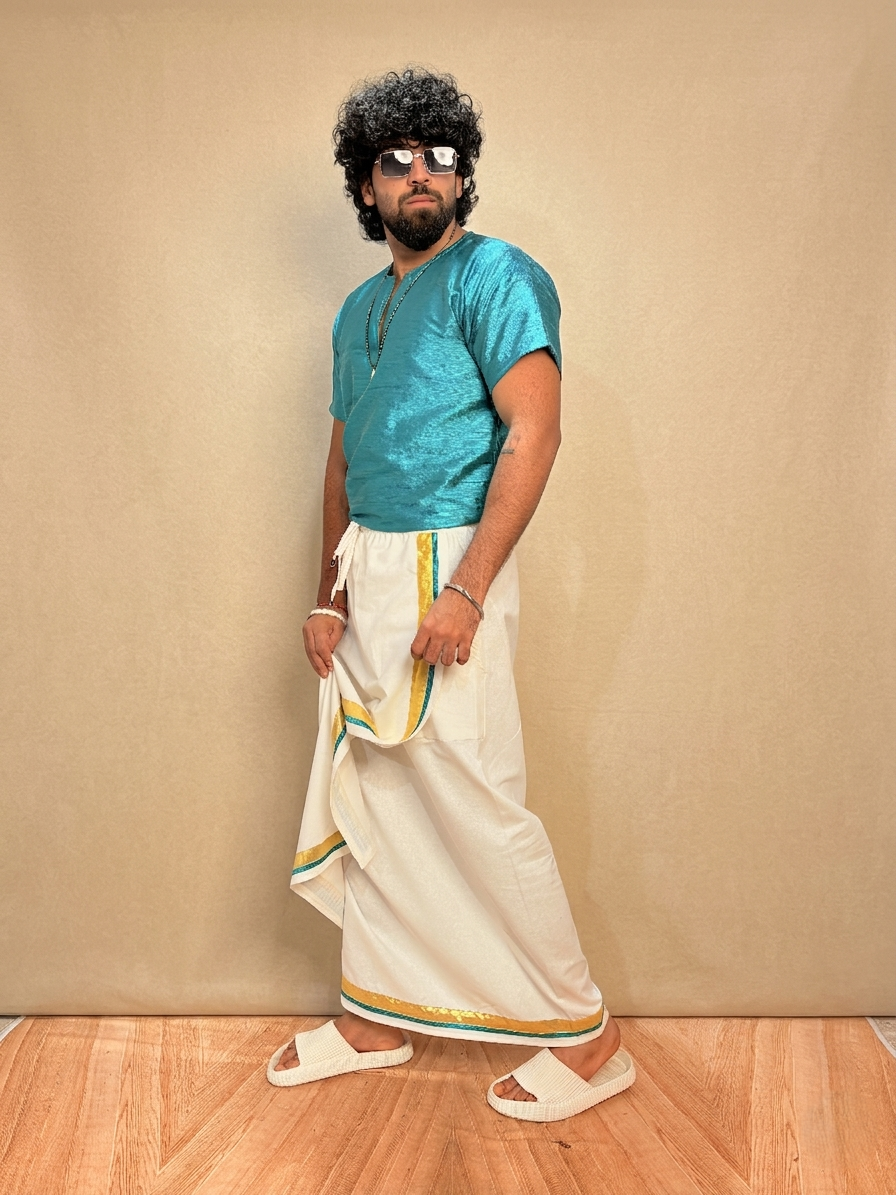 Men White Color With GoldenZari & Ramagreen Stripe Pajamalungi - Image 5