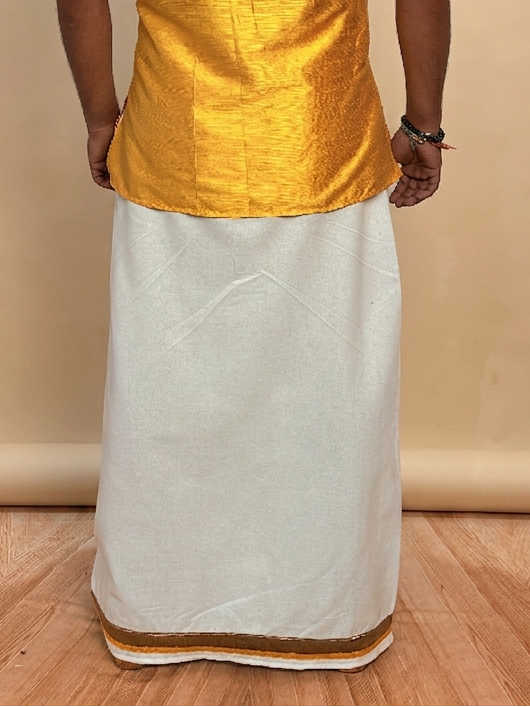 Men White Color With Copper Zari & Yellow Stripe Pajamalungi - Image 3