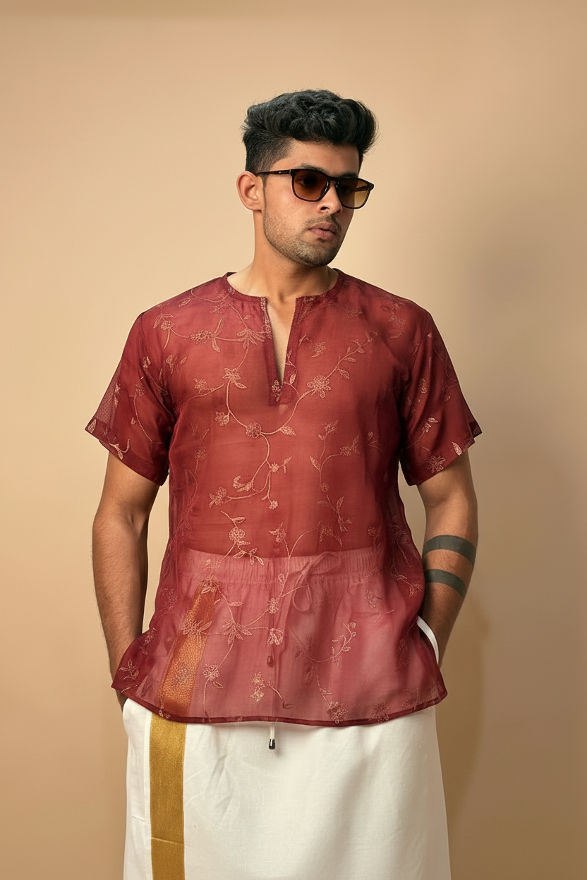 Men Silk Marron Colour Kurta. - Image 6