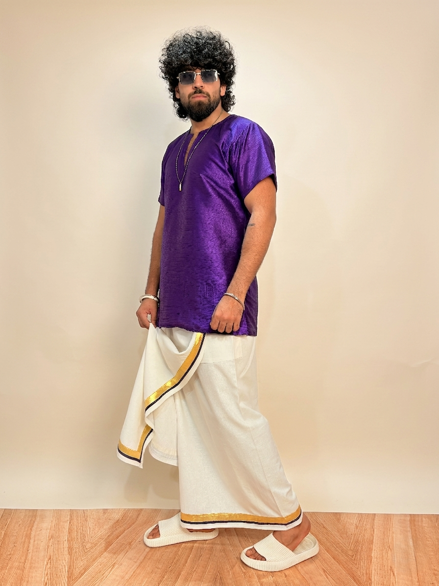 Men White Color With Golden Zari &Purple Stripe Pajamalungi - Image 2