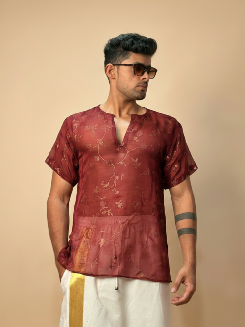 Men Silk Marron Colour Kurta.