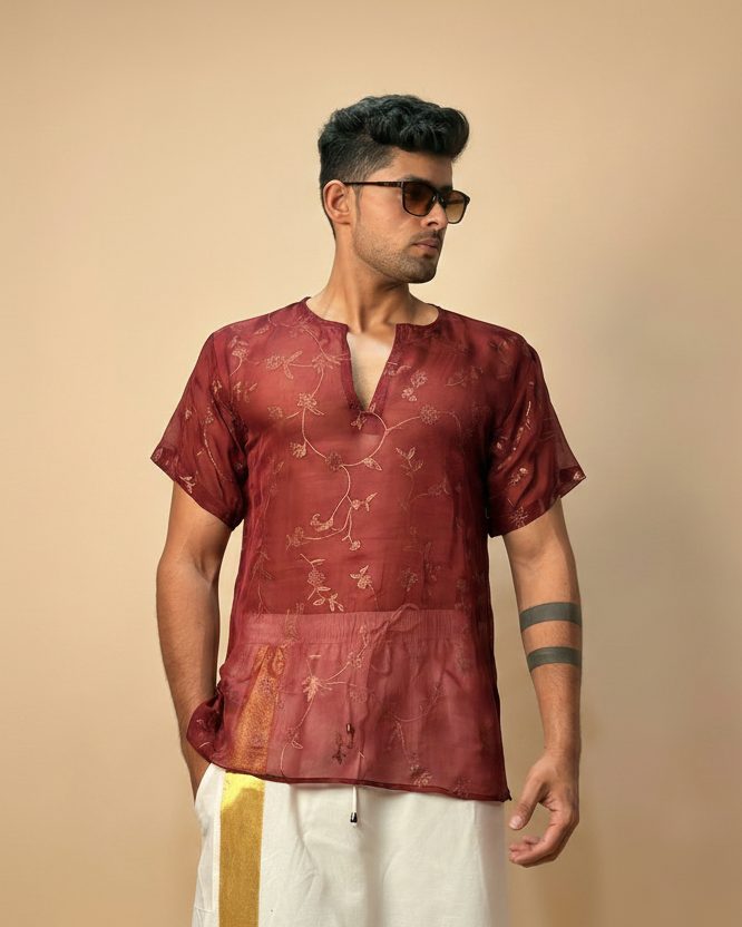 Men Silk Marron Colour Kurta.
