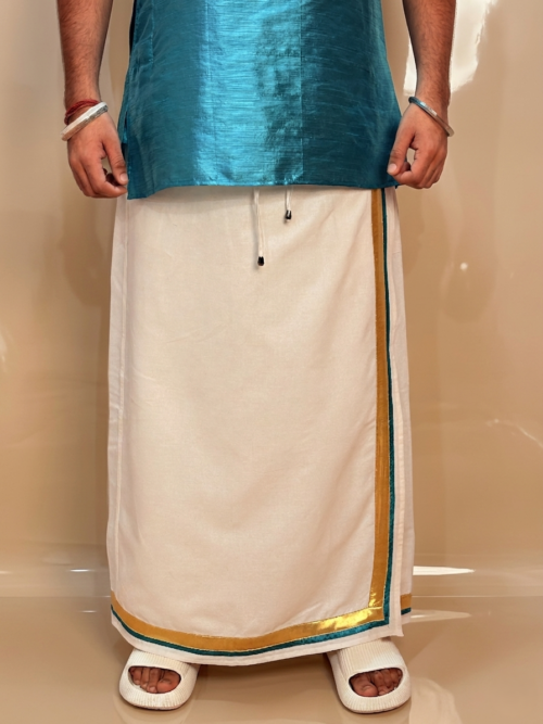 Men White Color With GoldenZari & Ramagreen Stripe Pajamalungi