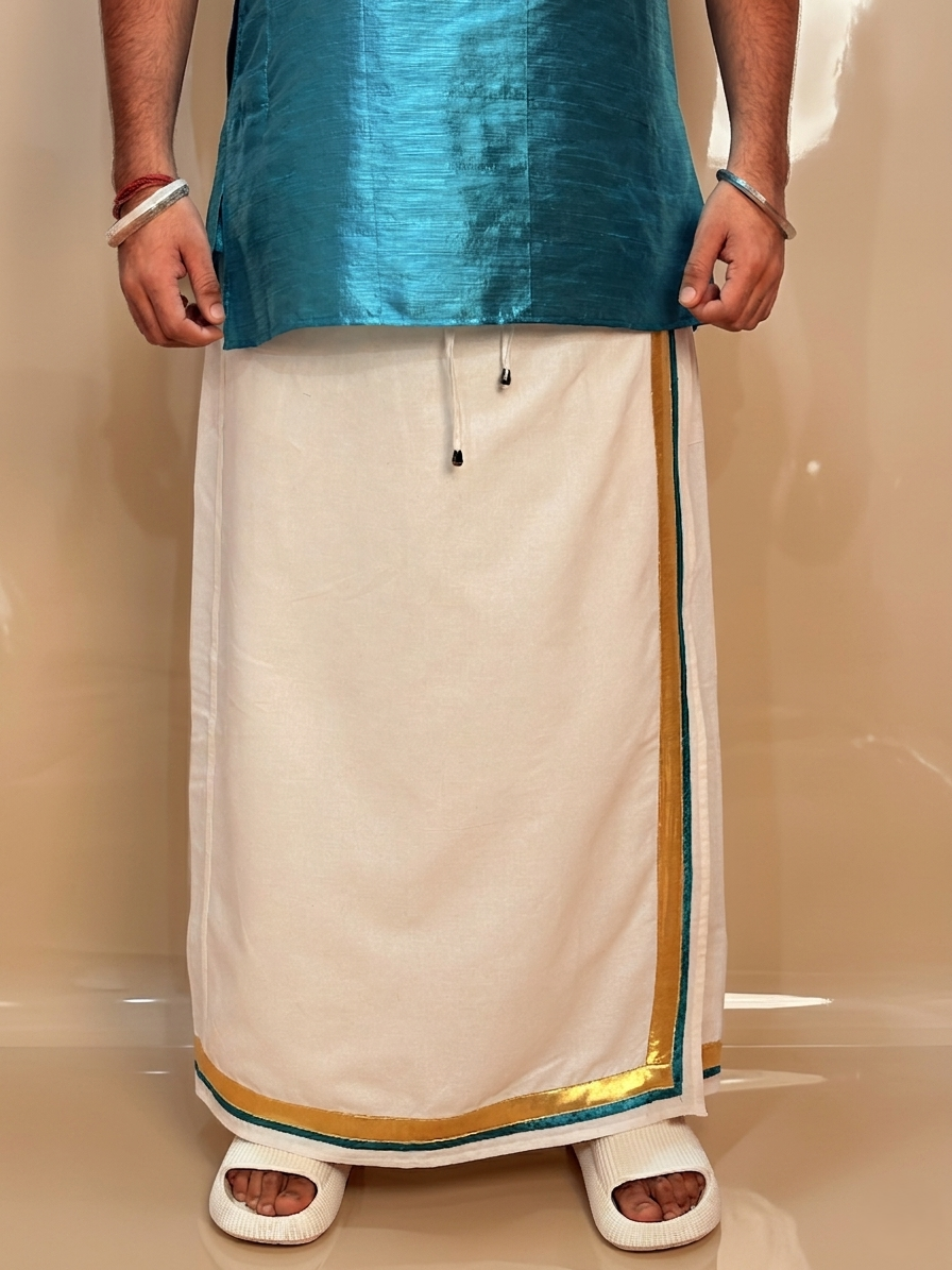 Men White Color With GoldenZari & Ramagreen Stripe Pajamalungi