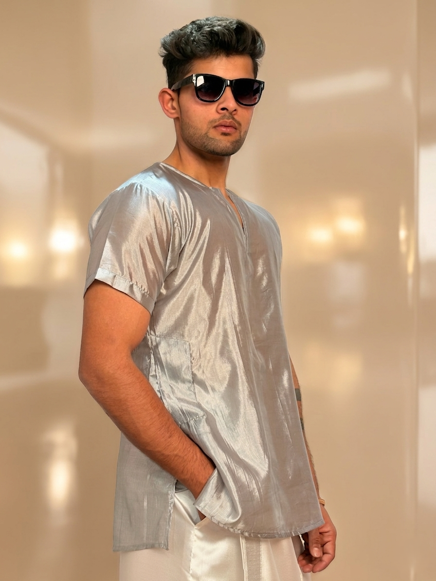 Men Slik Grey Colour Kurta - Image 6