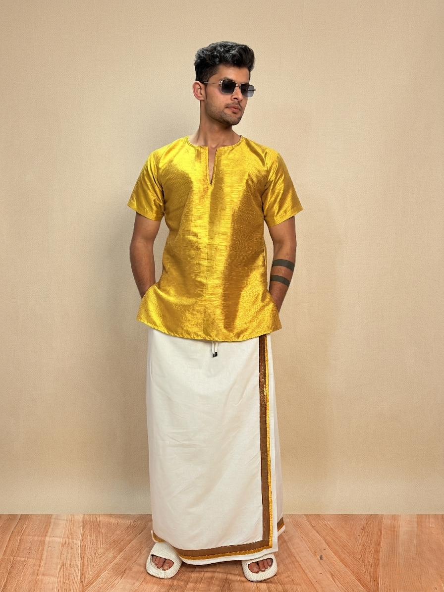Men Mustard Yellow Colour Mulberry Kurta. - Image 2