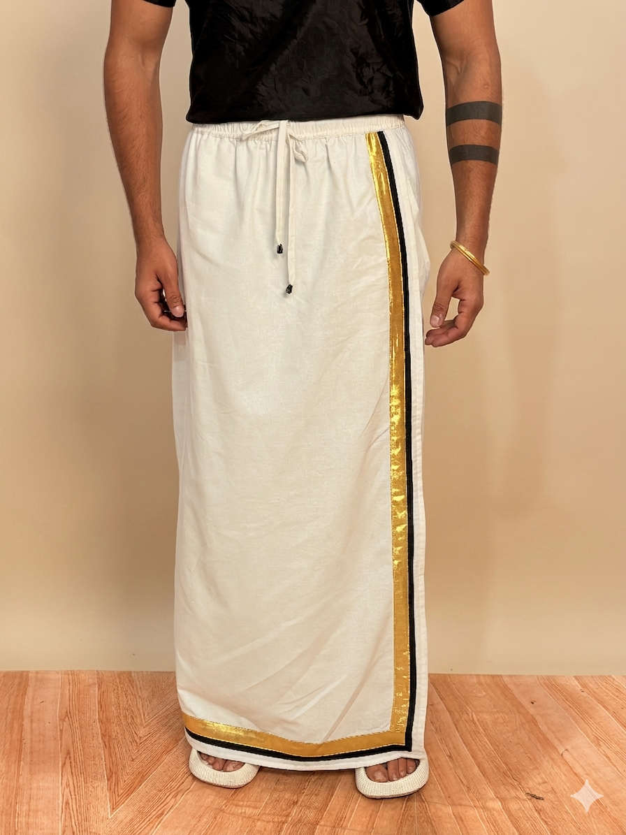 Men White Color With Golden Zari& Black Stripe Pajamalungi