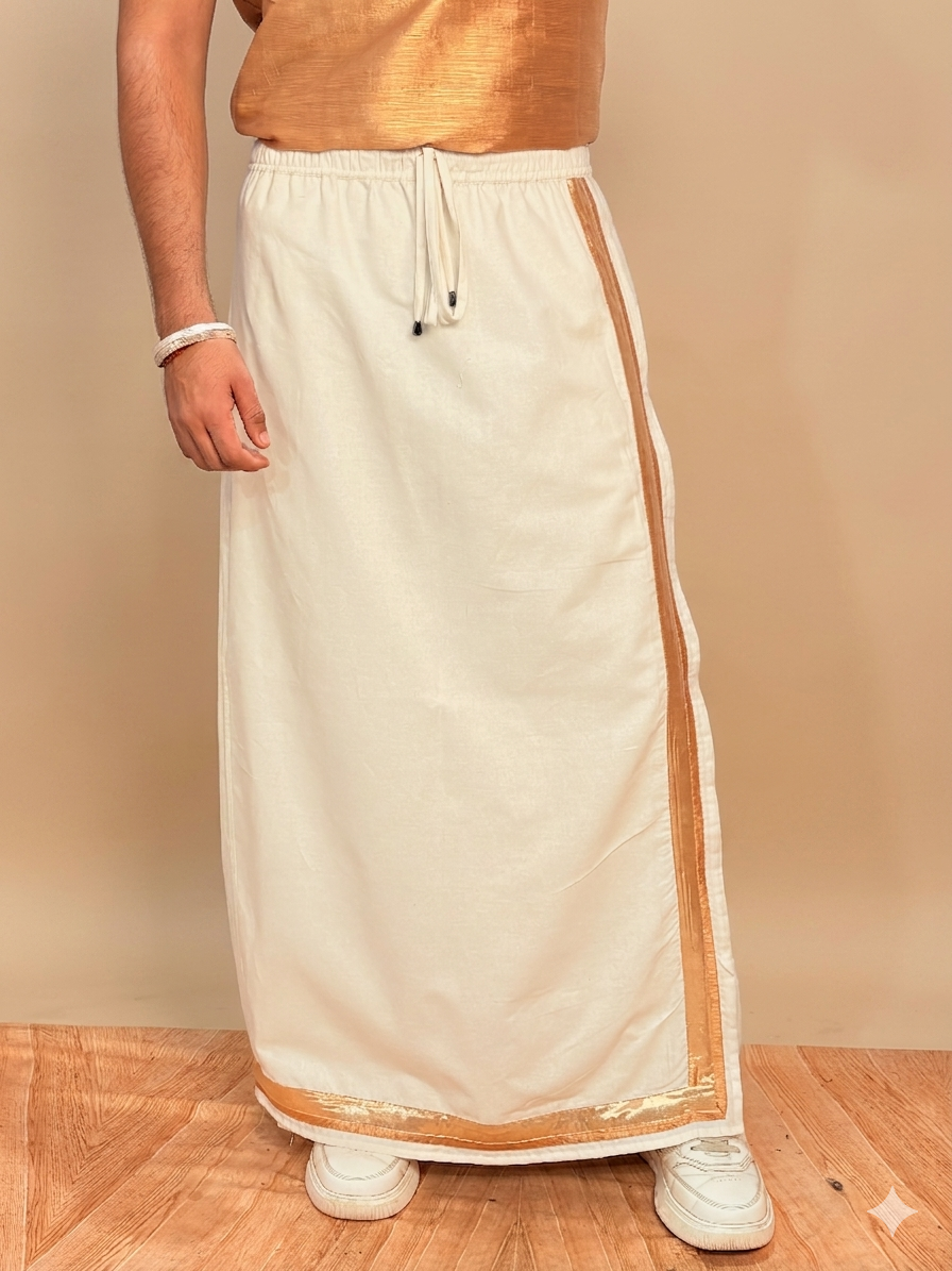 Men White Color With Copper Zari & Beige Stripe Pajamalungi - Image 4