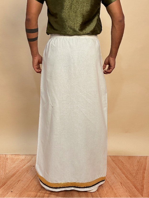 Men White Color With Golden Zari & Green Stripe Pajamalungi - Image 3