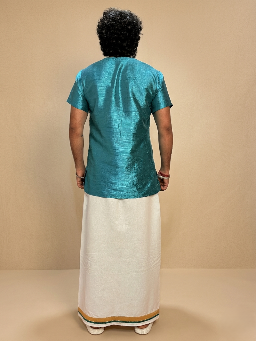Men White Color With GoldenZari & Ramagreen Stripe Pajamalungi - Image 3