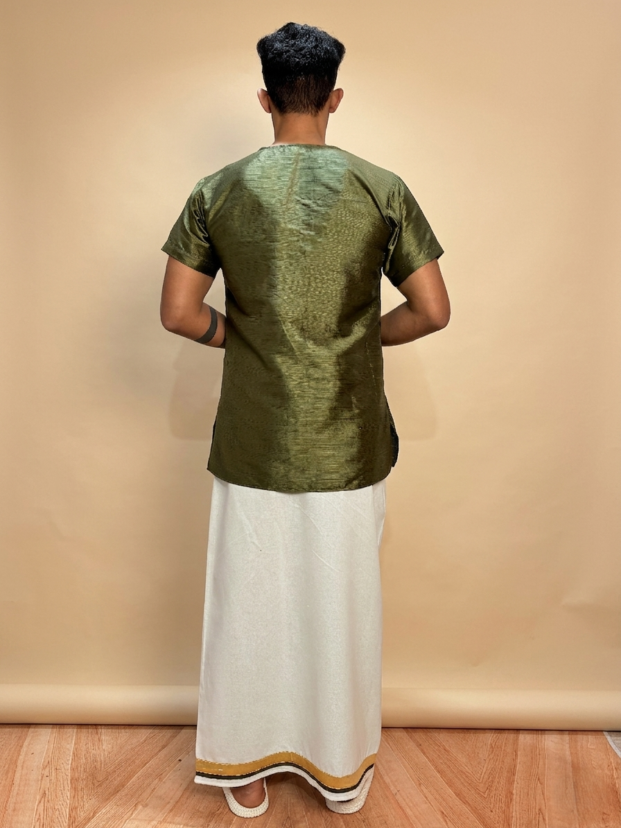 Men White Color With Golden Zari & Green Stripe Pajamalungi - Image 4