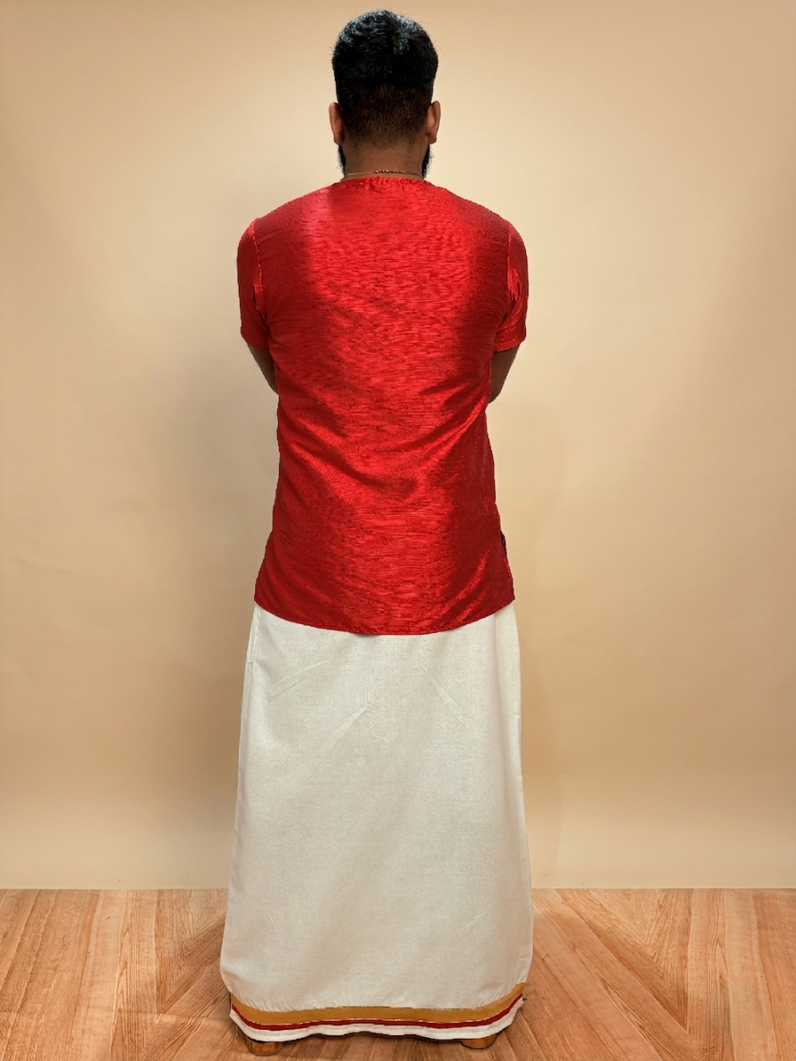 Men White Color With Golden Zari & Red Stripe Pajamalungi - Image 4