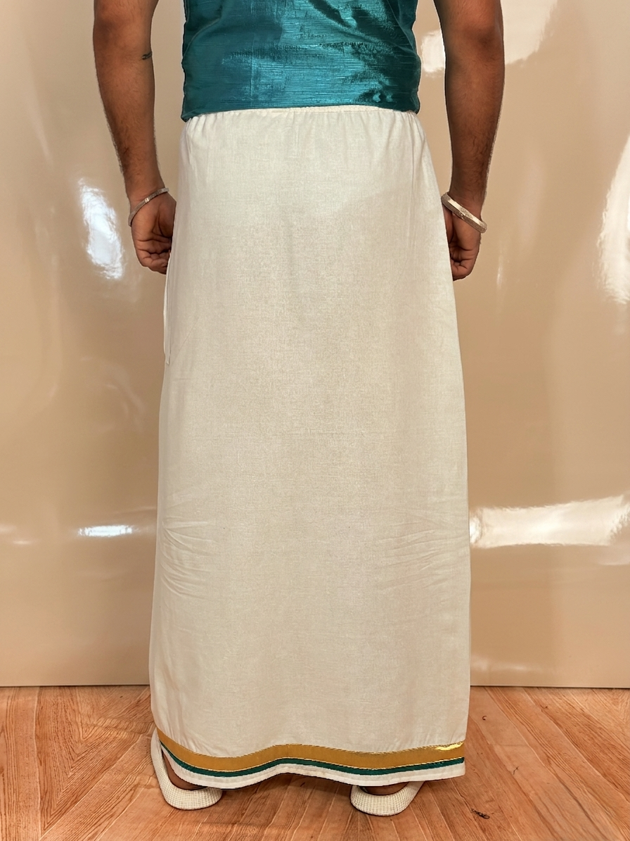 Men White Color With GoldenZari & Ramagreen Stripe Pajamalungi - Image 8