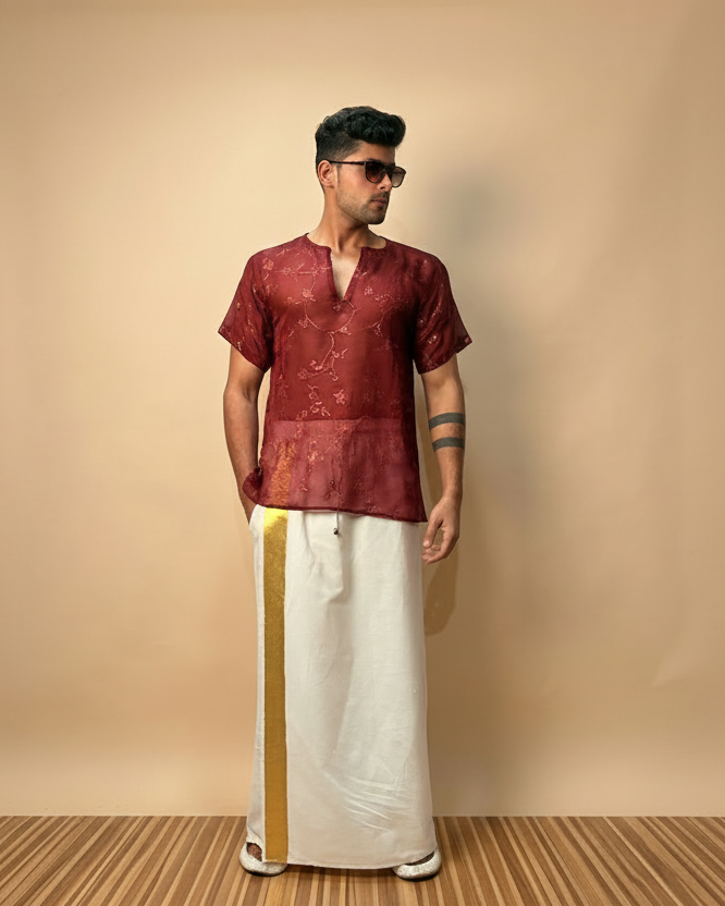 Men Silk Marron Colour Kurta. - Image 2