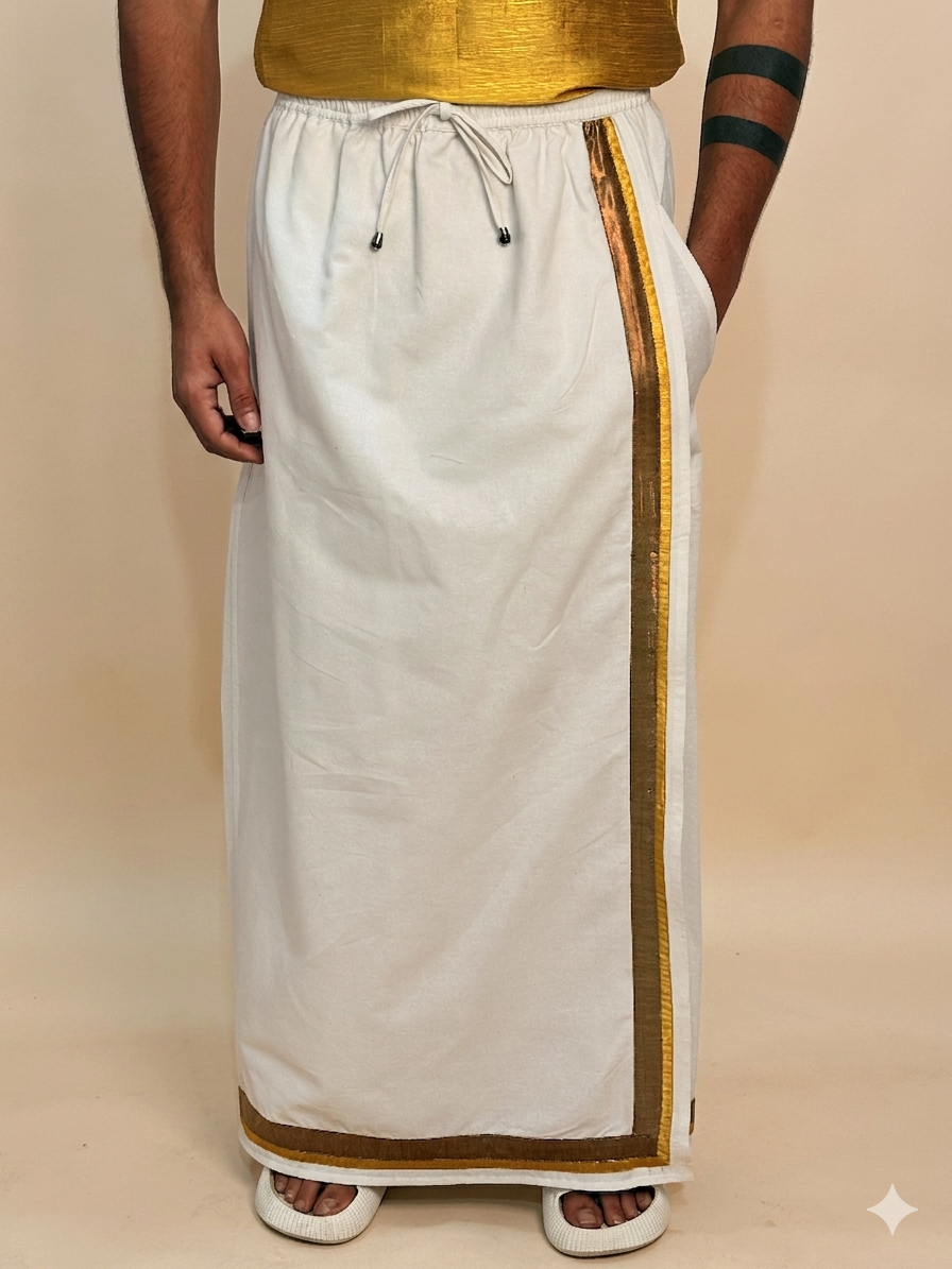 Men White Color With CopperZari & MustardYellow Stripe Pajamalungi - Image 2
