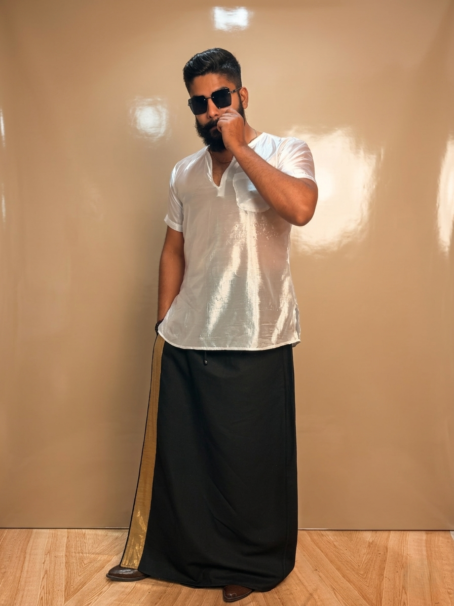Men Black Color With Copper Zari Stripe Pajamalungi - Image 2