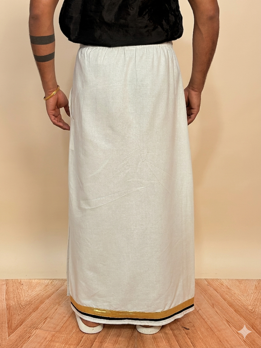 Men White Color With Golden Zari& Black Stripe Pajamalungi - Image 4