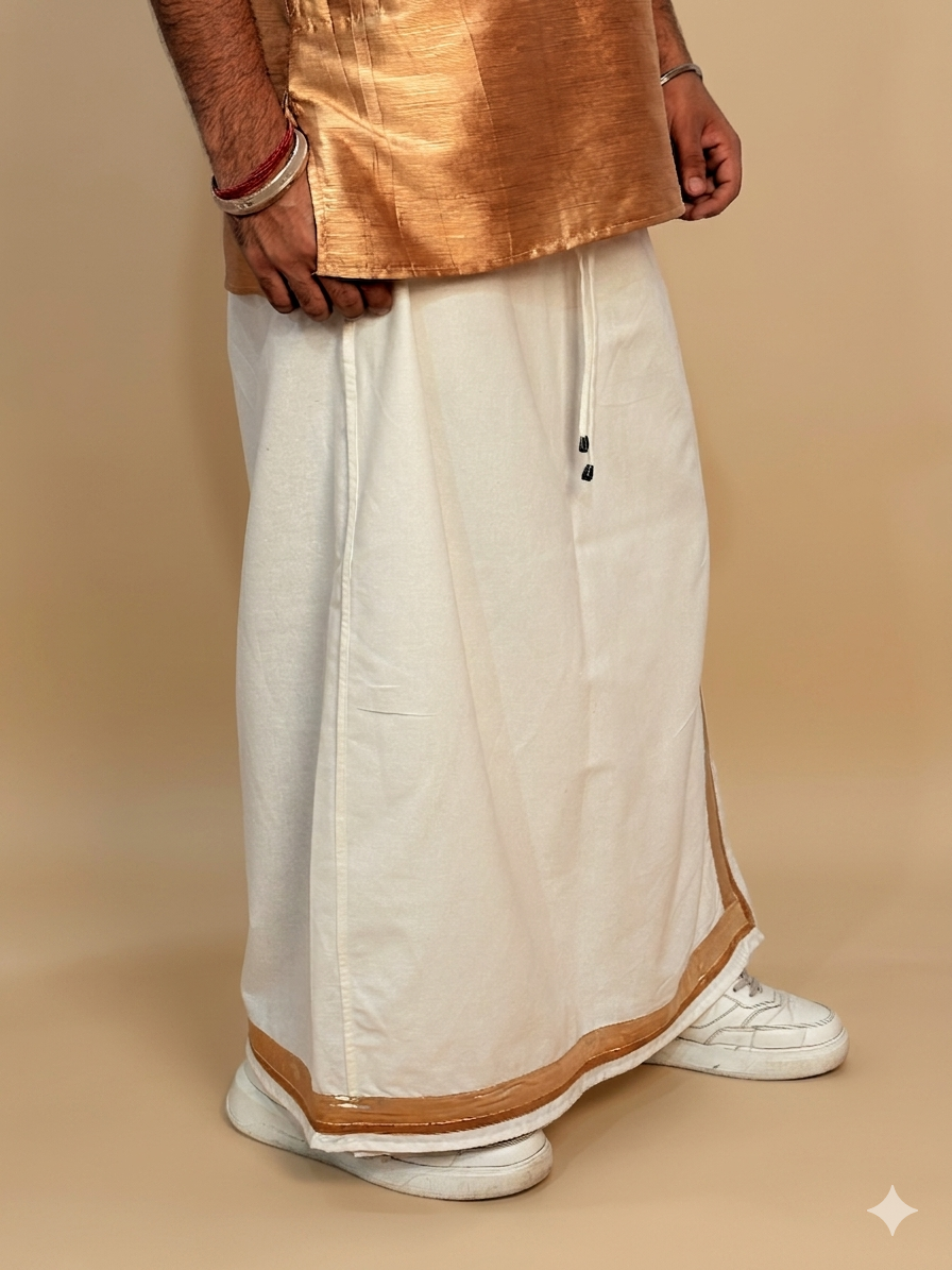 Men White Color With Copper Zari & Beige Stripe Pajamalungi - Image 5