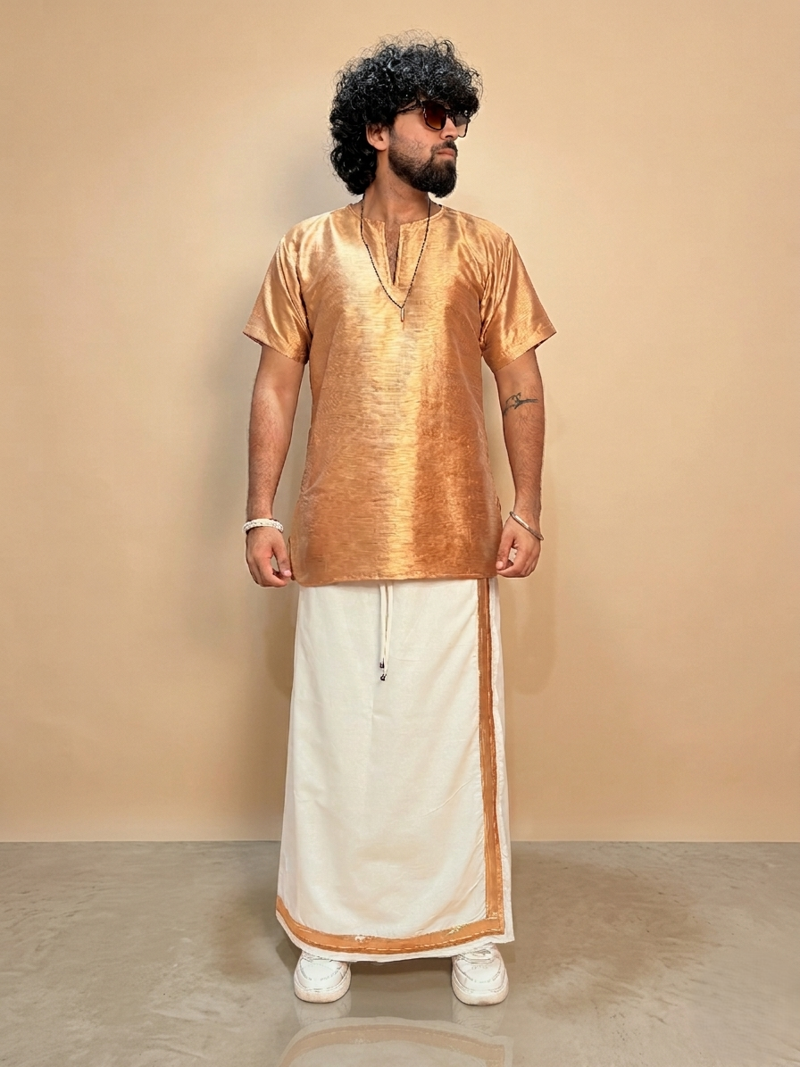 Men Golden Colour Mulberry Kurta. - Image 2