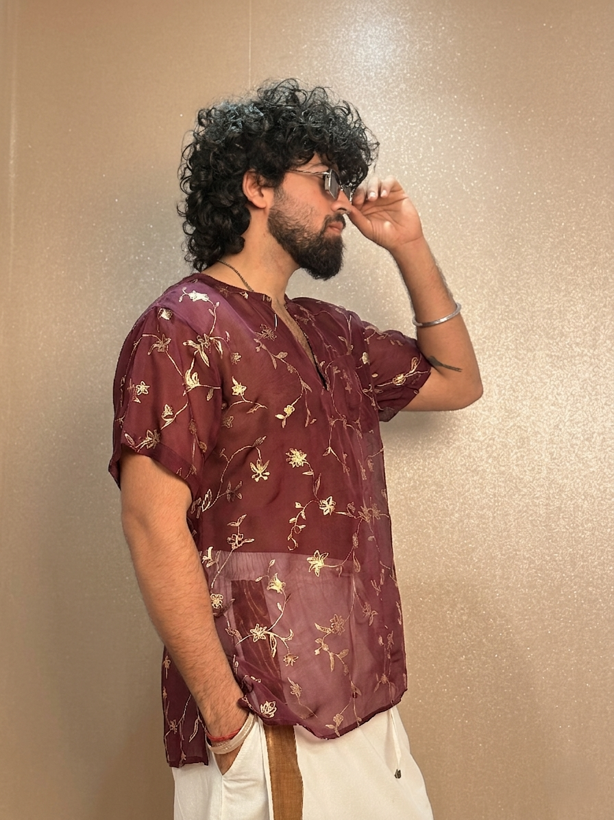 Men Slik Wine Colour Kurta. - Image 3