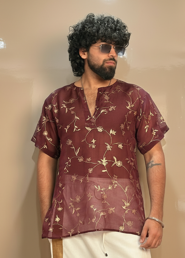 Men Slik Wine Colour Kurta. - Image 4