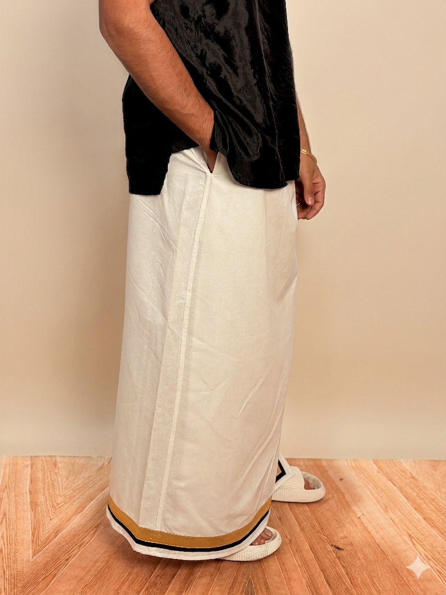 Men White Color With Golden Zari& Black Stripe Pajamalungi - Image 6