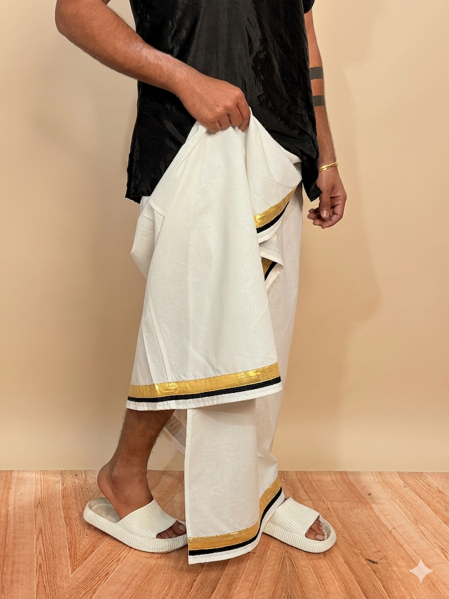 Men White Color With Golden Zari& Black Stripe Pajamalungi - Image 7