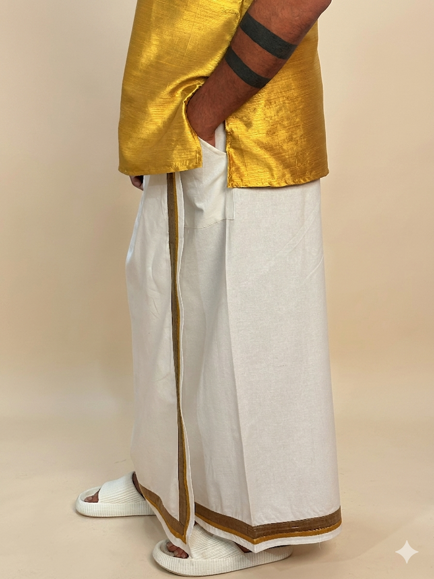 Men White Color With CopperZari & MustardYellow Stripe Pajamalungi - Image 3