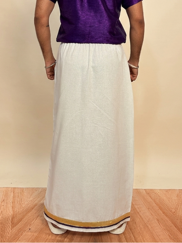 Men White Color With Golden Zari &Purple Stripe Pajamalungi - Image 4