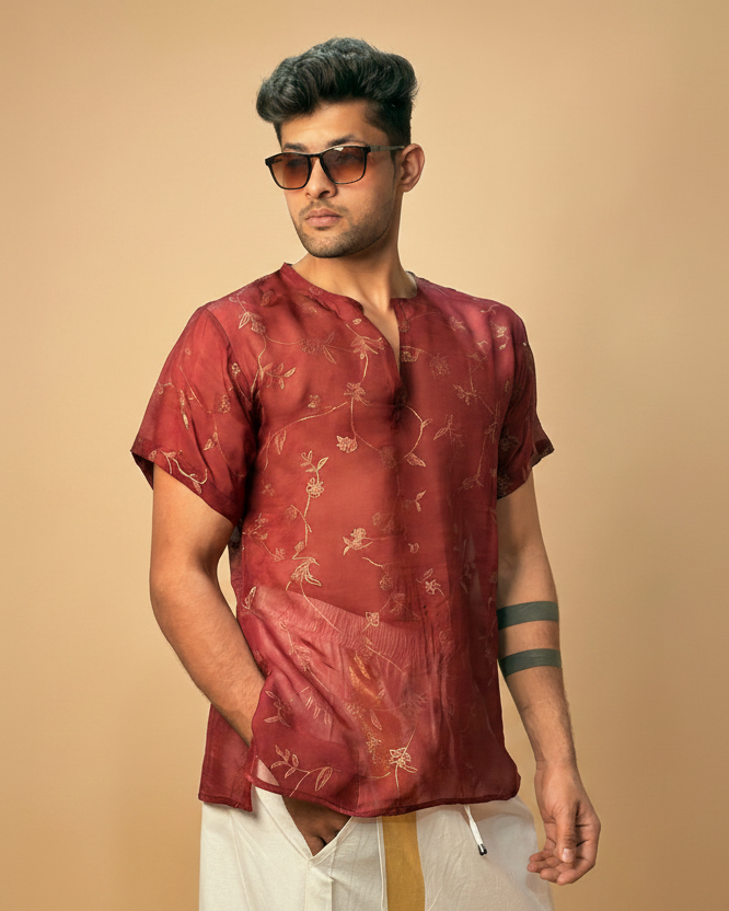 Men Silk Marron Colour Kurta. - Image 8