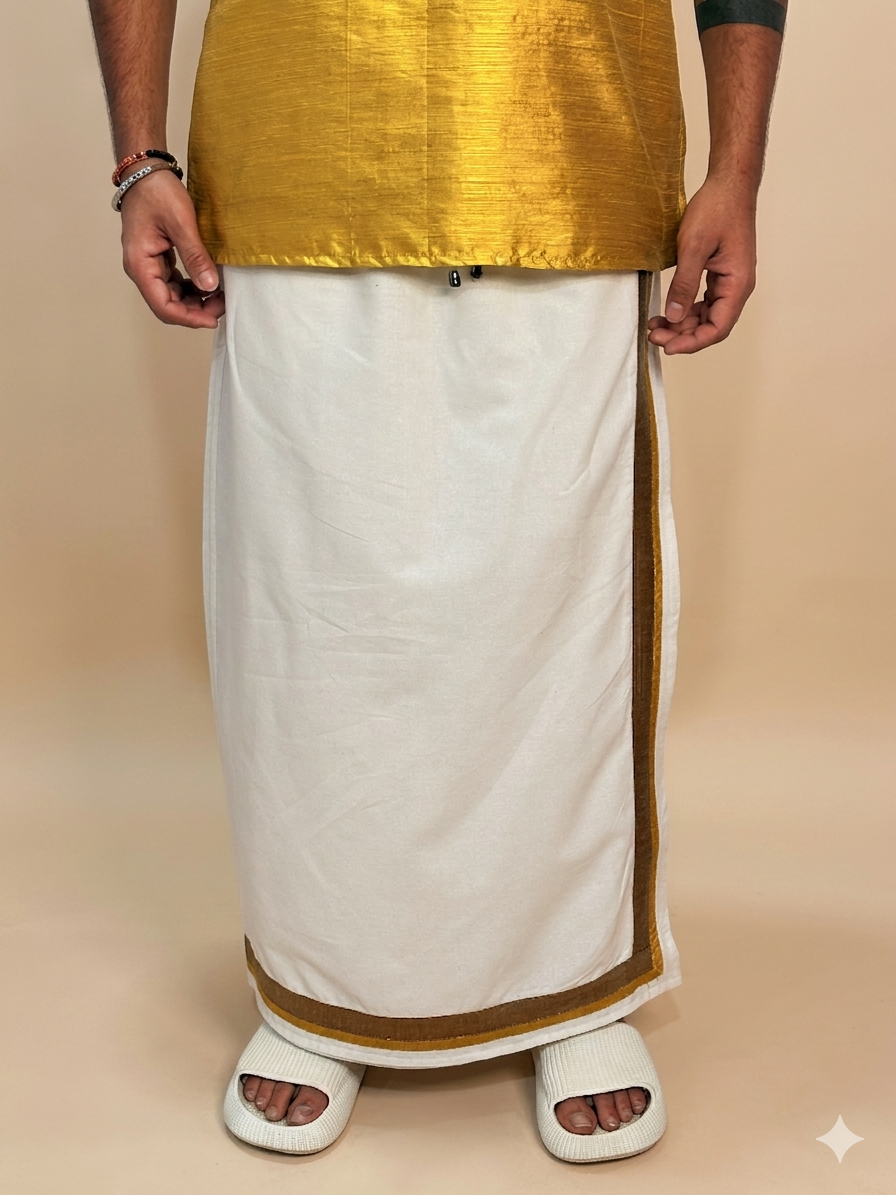 Men White Color With CopperZari & MustardYellow Stripe Pajamalungi