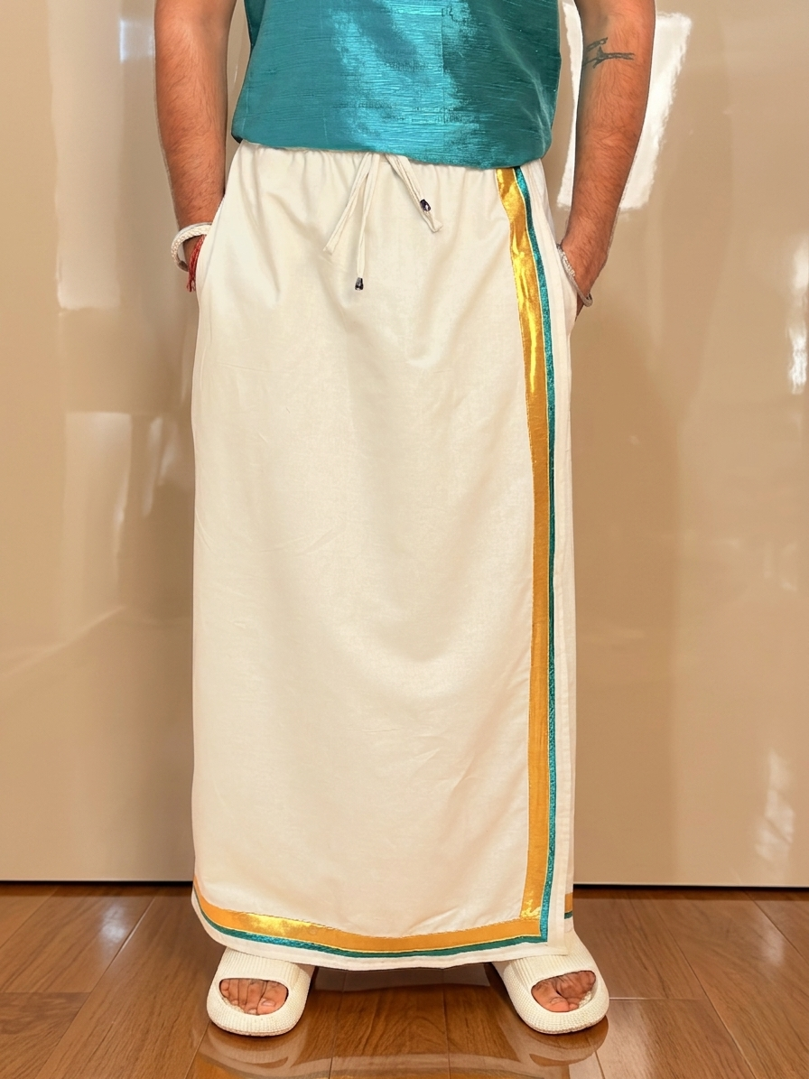 Men White Color With GoldenZari & Ramagreen Stripe Pajamalungi - Image 9