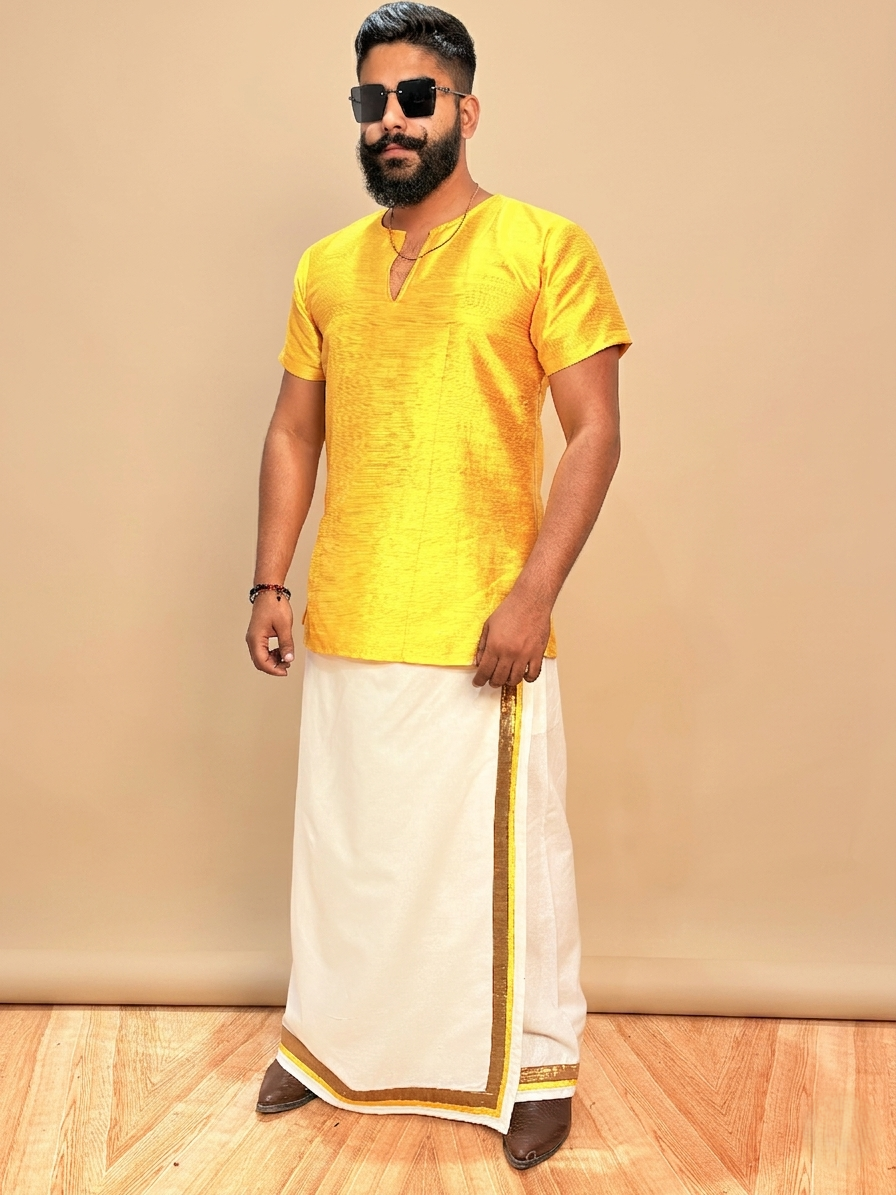 Men White Color With Copper Zari & Yellow Stripe Pajamalungi - Image 6