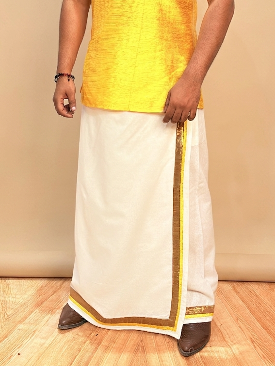 Men White Color With Copper Zari & Yellow Stripe Pajamalungi