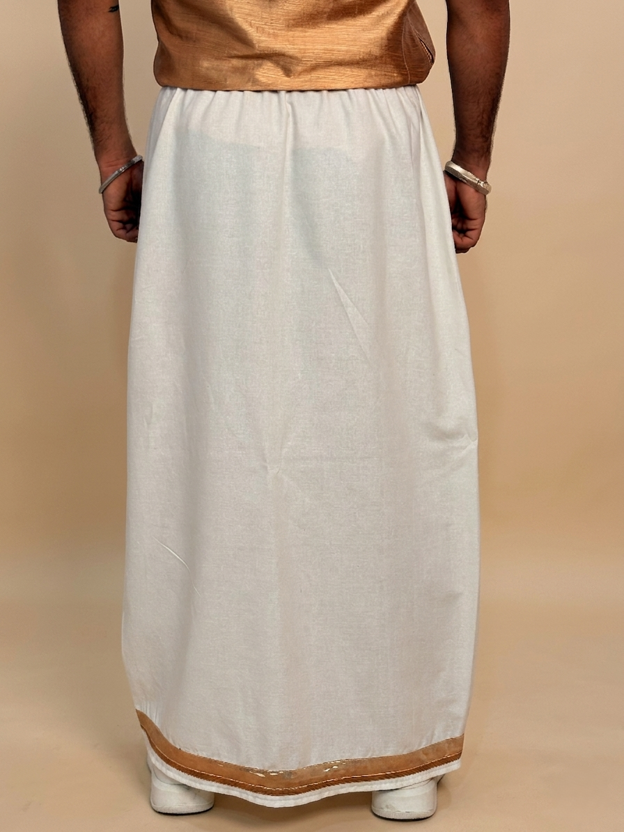 Men White Color With Copper Zari & Beige Stripe Pajamalungi - Image 6