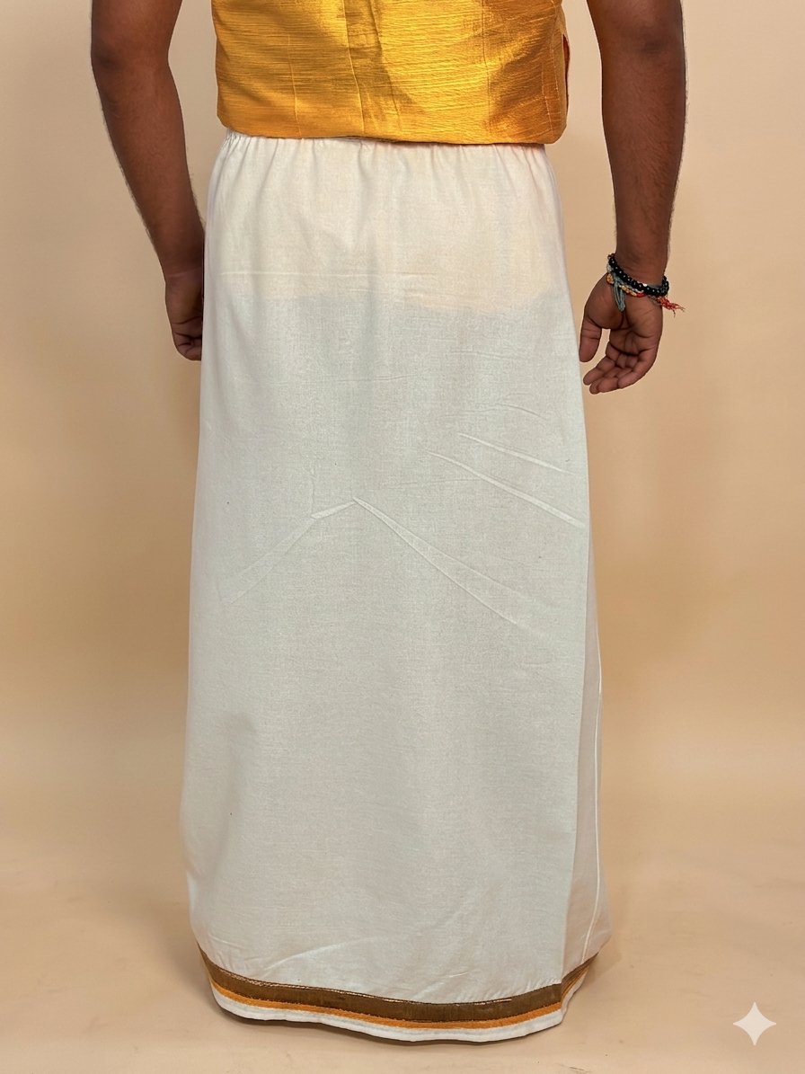 Men White Color With CopperZari & MustardYellow Stripe Pajamalungi - Image 5