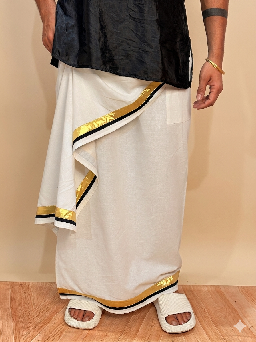 Men White Color With Golden Zari& Black Stripe Pajamalungi - Image 8